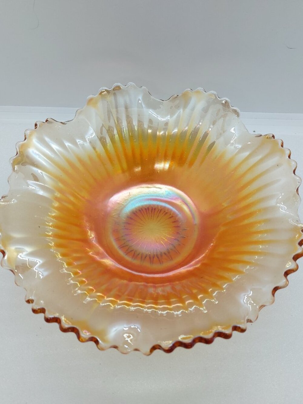 Vintage Marigold Carnival Iridescent Glass 8" Orange Fringed Candy Dish